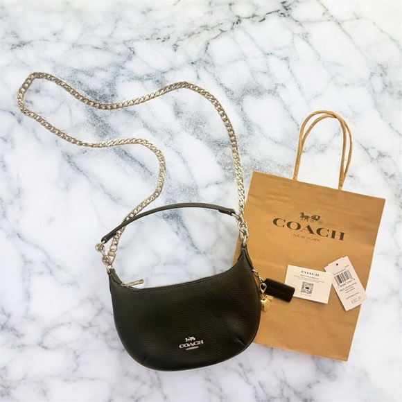 Coach Black Leather Mini Payton Bag with long strap and charm - Picture 1 of 10